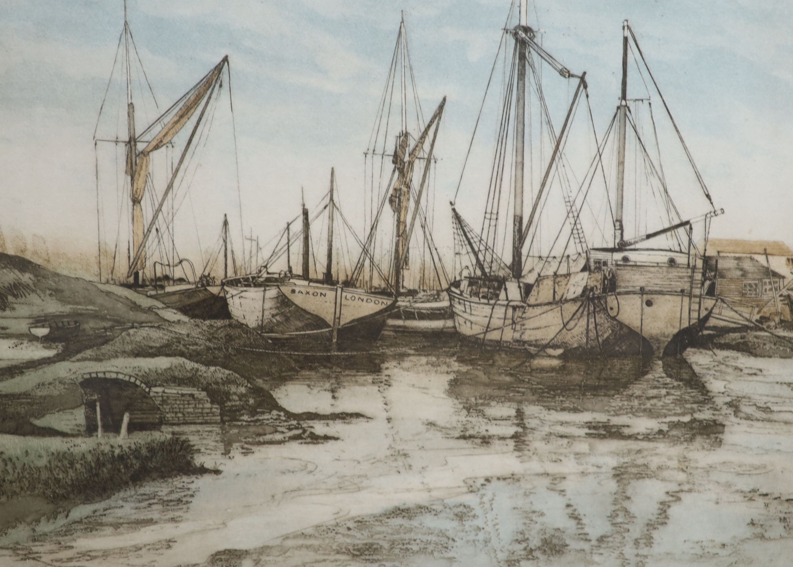 Michael Chaplin (b.1943), three coloured aquatints, 'Dolphin Yard', 'Iron Wharf' and 'Anglia', all signed in pencil, largest 36 x 47cm